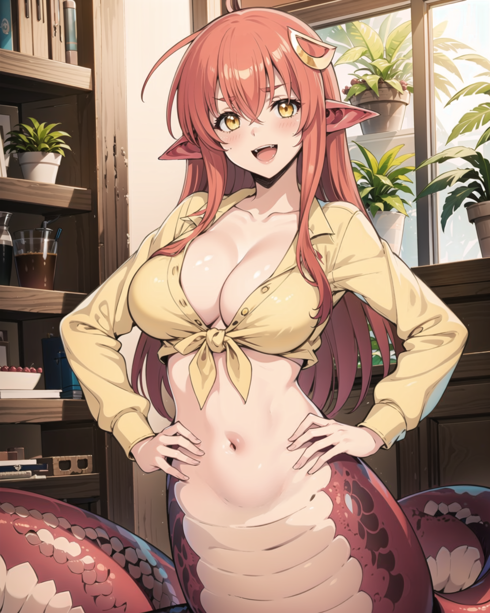 01000-2660611555-_lora_LAMIA-SERY-CONCEPT_1_, _lora_MiiaV1.3_1_, 1girl, _d, bangs, belt, belt_buckle, blush, breasts, cleavage, collarbone, day,.png